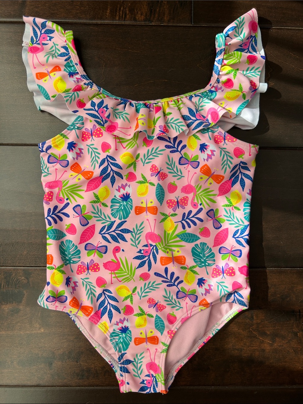 Ruffle Flamingo Flower Lemon Leaves Print Bathing Suit 3-4T